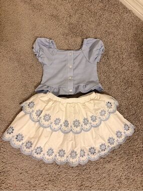 Blue Puff Sleeve Top & White Eyelet Skirt Set